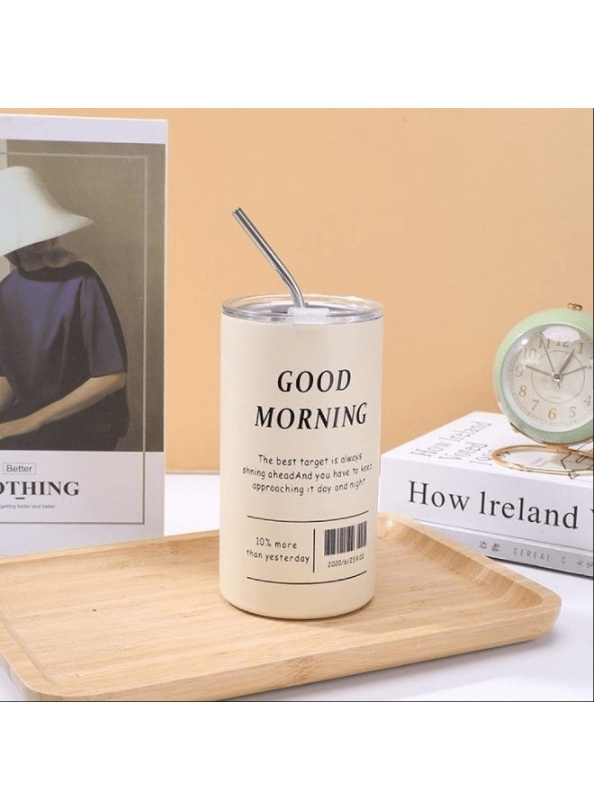 كوب قهوة محمول مزدوج الطبقات من الفولاذ المقاوم للصدأ معزول بالفراغ - 600 مل مع ماصة وغطاء بجدار مزدوج معزول للسفر والتخييم للمشروبات الباردة والساخنة -بيج - Image 5